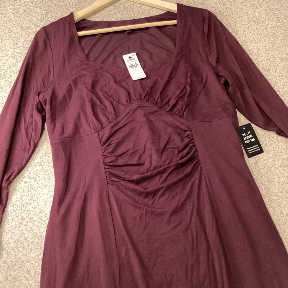 Express Purple Sweetheart Long Sleeve Ruched Side Slit Midi Dress - Picture 7 of 9